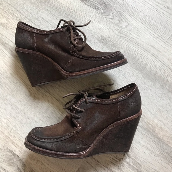 Frye Shoes - Frye Suede Lace Up Wedges - Dark Brown, Size 7.5
